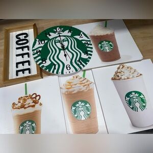 Starbucks Green and White Clock with Coffee Art Prints